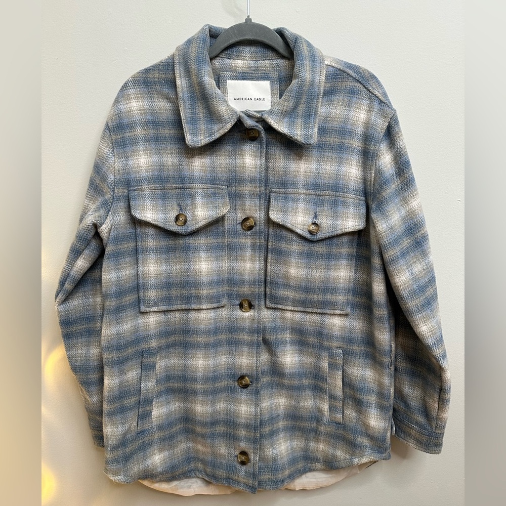 American Eagle Outfitters Blue and Cream Checkered Utility Jacket